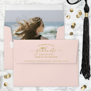 Photo & Return Address Blush Pink Gold Graduation Envelope