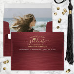 Photo & Return Address Burgundy & Gold Graduation Envelope<br><div class="desc">Add an elegant touch to graduation announcements and invitations with custom photo-lined burgundy, gold and white return address envelopes. All wording on this template is simple to customize and the picture is easy to remove using the Zazzle design tool. The dark maroon red pre-addressed design features a brushed ombre background,...</div>