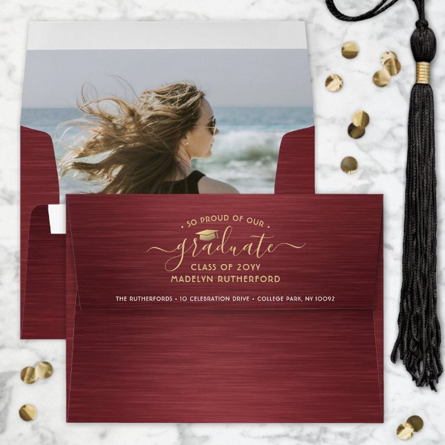 Photo & Return Address Burgundy & Gold Graduation Envelope (Creator Uploaded)