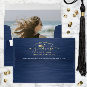 Photo & Return Address Navy Blue & Gold Graduation Envelope