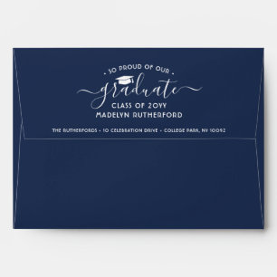 Photo & Return Address Navy Blue White Graduation Envelope