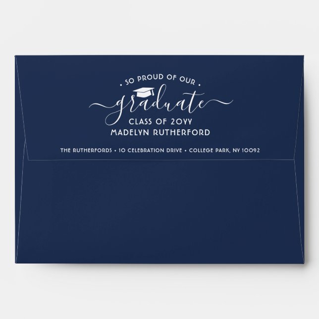 Photo & Return Address Navy Blue White Graduation Envelope (Back (Top Flap))