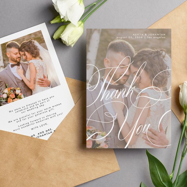 Photo romantic calligraphy script message wedding thank you card (Creator Uploaded)
