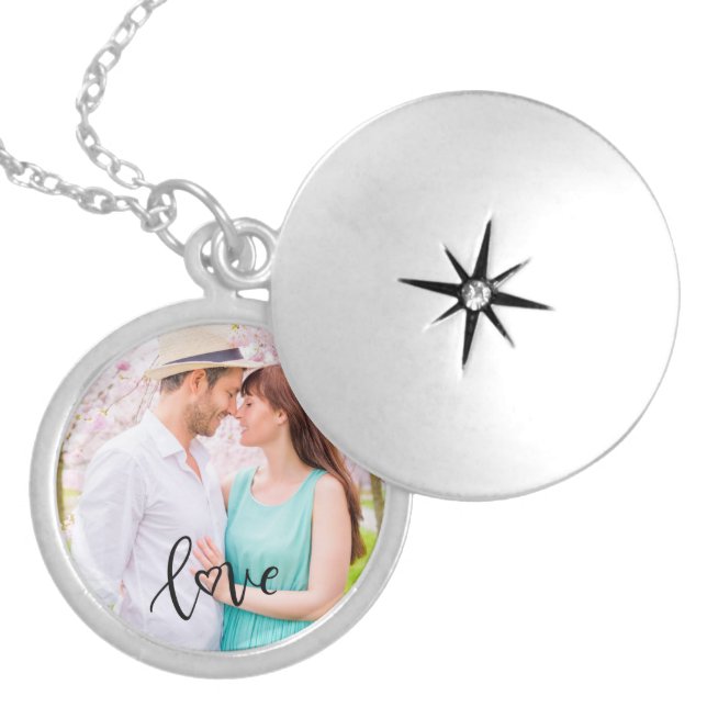 Photo Romantic Handwritten Love Overlay Locket Necklace (Front)