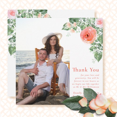 Photo Romantic Pink Coral Floral Thank You Card  