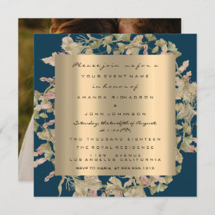 Photo Rose Engagement Bridal Gold Wreath Flor Navy Invitation