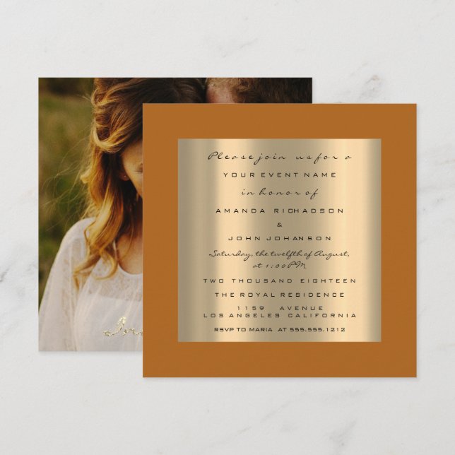 Photo Rose Engagement Wedding Faux Gold Orange Invitation (Front/Back)