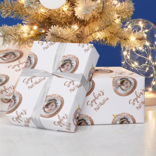 Photo Rose Gold Babys First Christmas Wrapping Paper