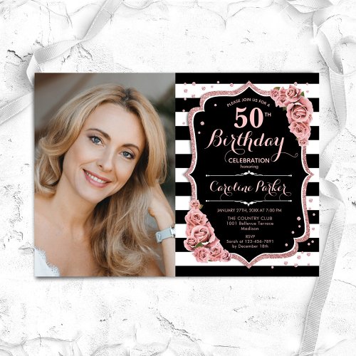 Photo Rose Gold Black 50th Birthday Invitation