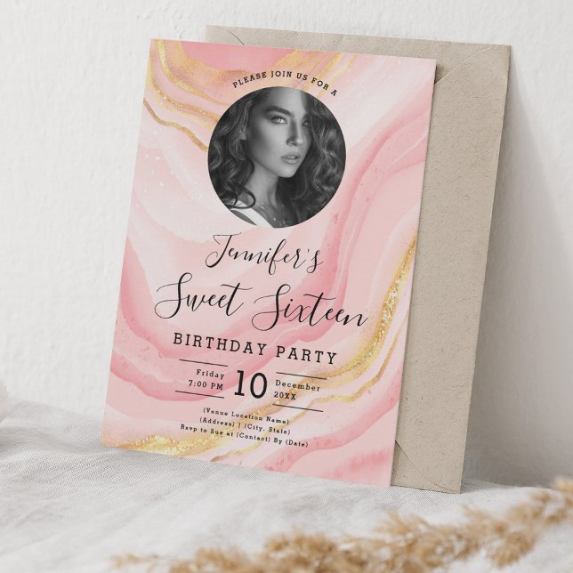 PHOTO Rose Gold Blush Pink Marble Sweet 16 Party Invitation (PHOTO Rose Gold Blush Pink Marble Sweet 16 Party Invitation)
