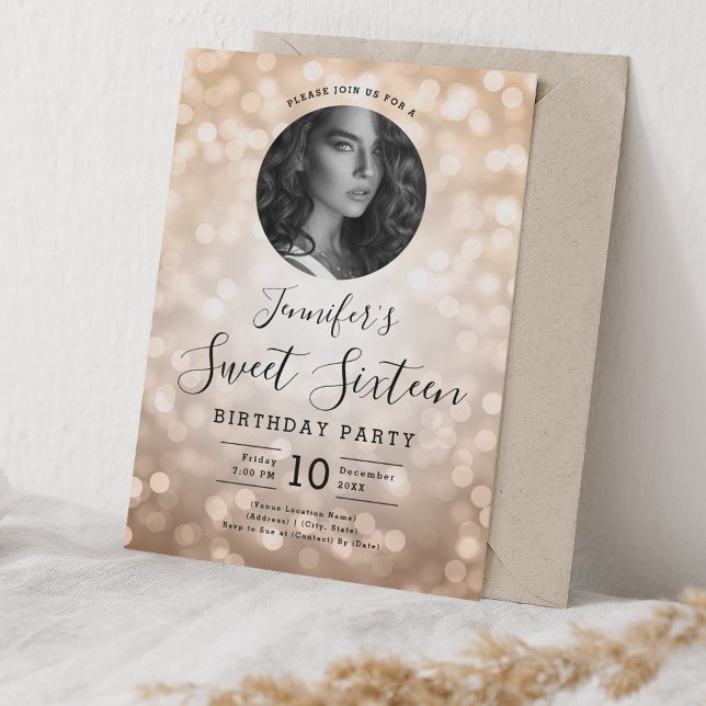 PHOTO Rose Gold Bokeh Lights Sweet 16 Party Invitation (PHOTO Rose Gold Bokeh Lights Sweet 16 Party Invitation)