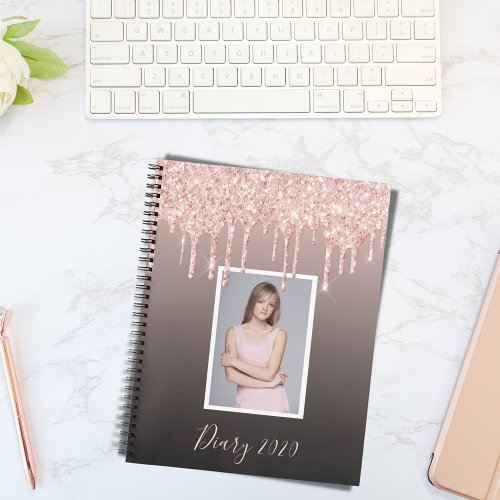 Photo rose gold copper black glitter drips diary notebook