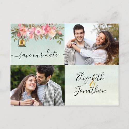 Photo Rose Gold Coral Floral Green Watercolor Announcement Postcard