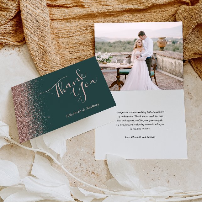 Photo Rose Gold Dark Green Wedding Thank You Card (Creator Uploaded)
