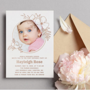Photo Rose Gold Floral Frame 1st Birthday Foil Invitation
