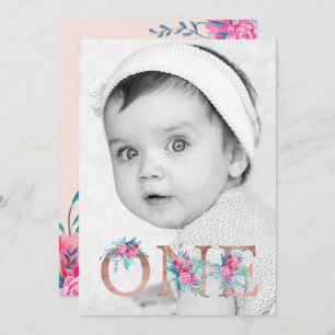 Photo Rose gold floral letter 1st birthday blush Invitation