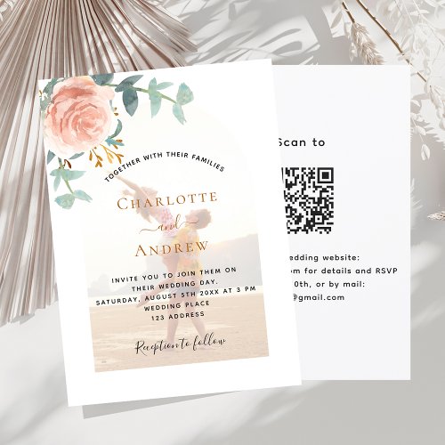Photo rose gold floral photo arch QR RSVP wedding Invitation