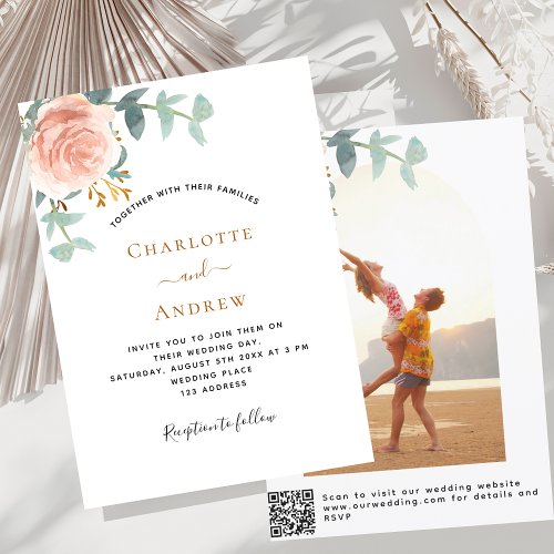 Photo rose gold floral photo arch QR RSVP wedding Invitation