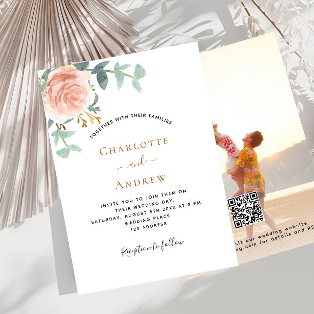 Photo rose gold floral photo QR RSVP wedding Invitation (Creator Uploaded)
