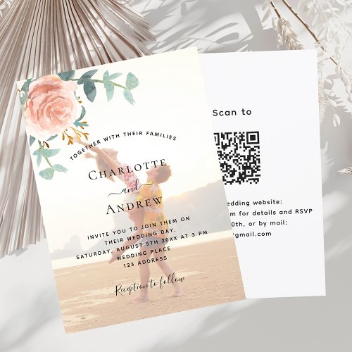 Photo rose gold floral QR RSVP luxury wedding Invitation