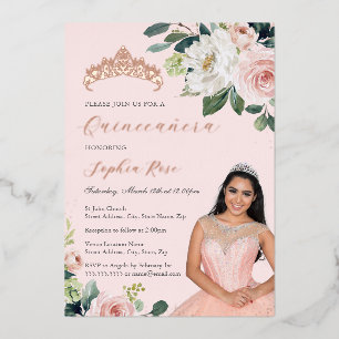 Photo Rose Gold Floral Quinceanera Foil Invitation