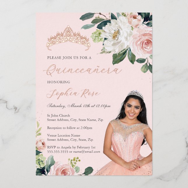 Photo Rose Gold Floral Quinceanera Foil Invitation (Front)