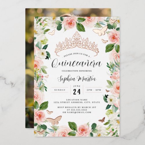 Photo Rose Gold Floral Tiara Butterfly Quinceanera Foil Invitation