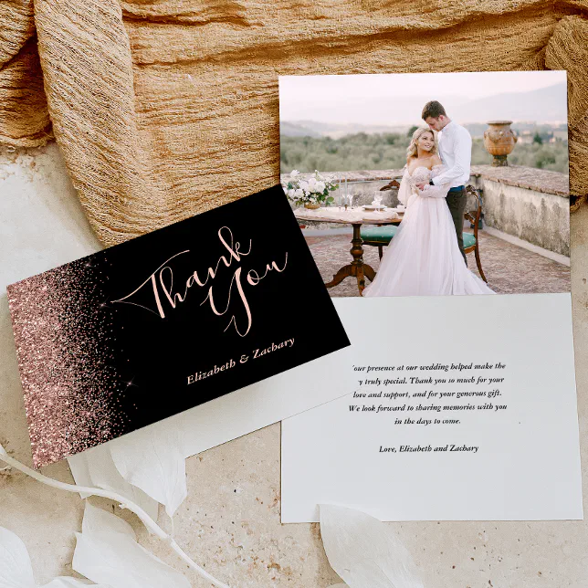 Photo Rose Gold Glitter Black Wedding Thank You Card | Zazzle