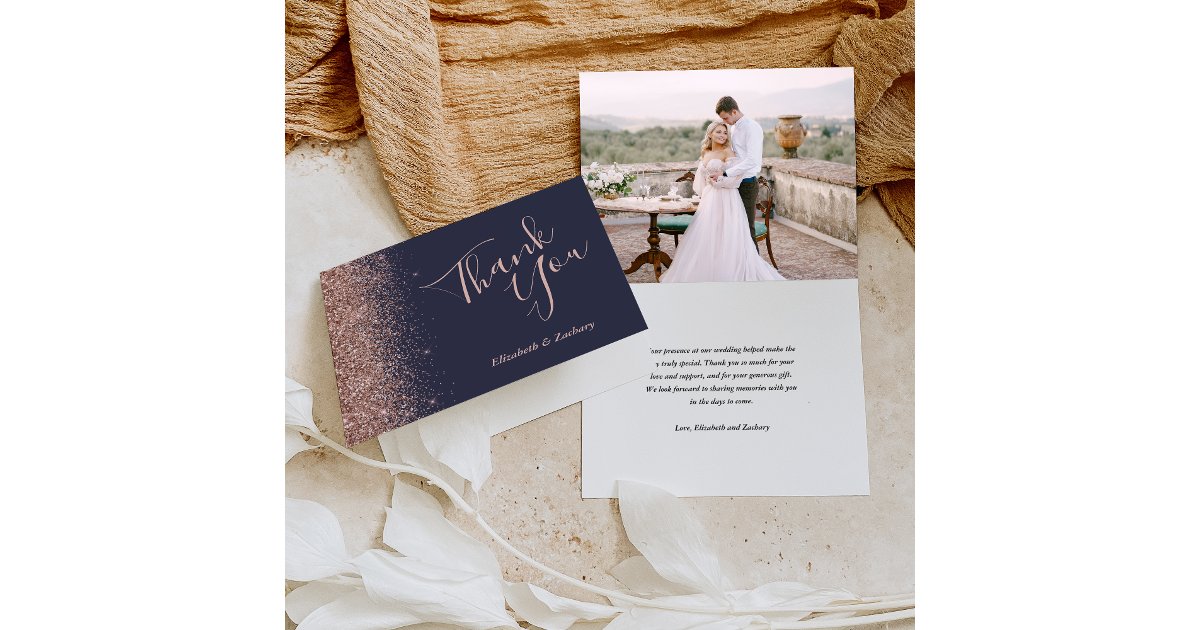 Photo Rose Gold Glitter Blue Wedding Thank You Card | Zazzle