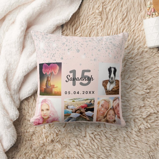 Photo rose gold glitter blush pink Quinceanera Throw Pillow (Blanket)