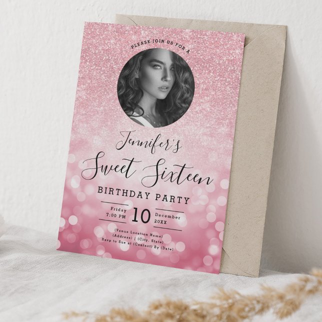 PHOTO Rose Gold Glitter Bokeh Sweet 16  Invitation (PHOTO Rose Gold Glitter Bokeh Sweet 16 Invitation)