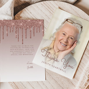 Photo Rose Gold Glitter Drip 80th Birthday Thank You Card