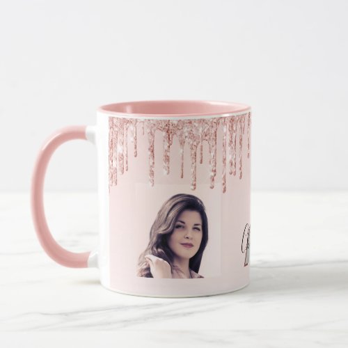 Photo rose gold glitter monogram blush pink mug