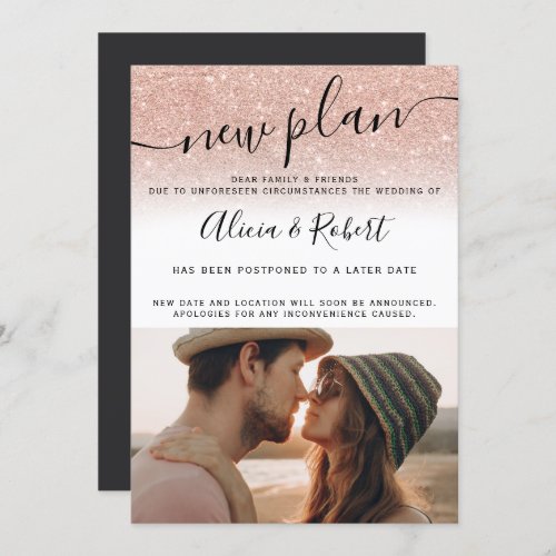 Photo rose gold glitter script postponed new plans invitation