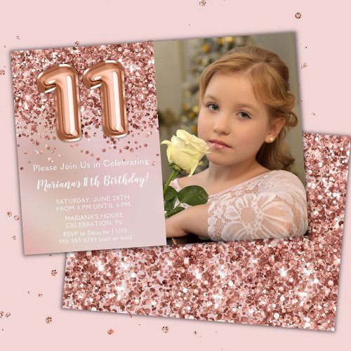 Photo Rose Gold Kids Girl 11th Birthday Party Invitation