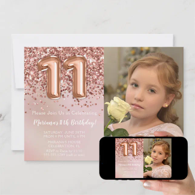 Photo Rose Gold Kids Girl 11th Birthday Party Invitation Zazzle