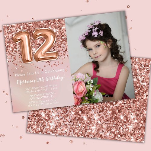Photo Rose Gold Kids Girl 12th Birthday Party Invitation