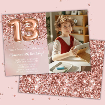 Photo Rose Gold Kids Girl 13th Birthday Party Invitation by WittyPrintables at Zazzle