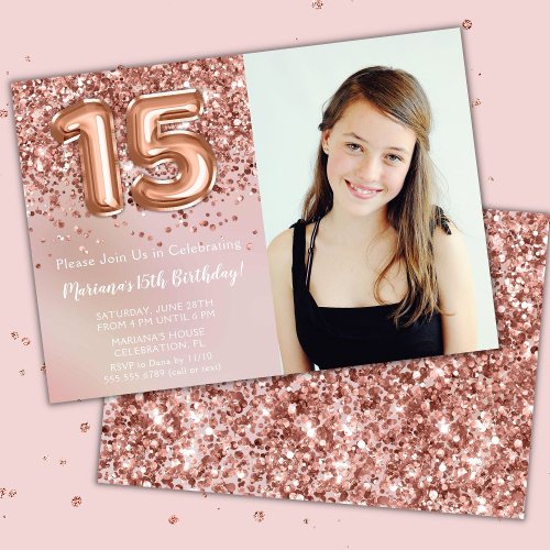 Photo Rose Gold Kids Girl 15th Birthday Party Invitation