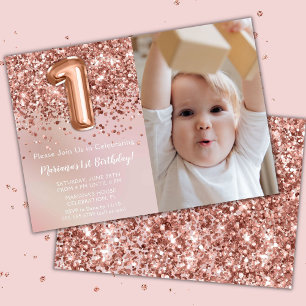 Photo Rose Gold Kids Girl 1st Birthday Party Invitation