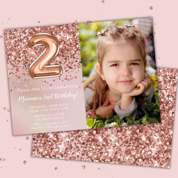 Photo Rose Gold Kids Girl 2nd Birthday Party Invitation by WittyPrintables at Zazzle