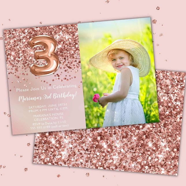Photo Rose Gold Kids Girl 3rd Birthday Party Invitation (Creator Uploaded)