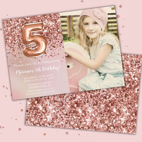 Photo Rose Gold Kids Girl 5th Birthday Party Invitation