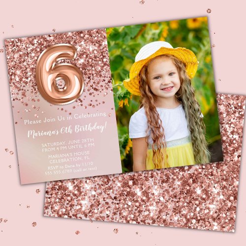 Photo Rose Gold Kids Girl 6th Birthday Party Invitation