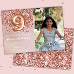 Photo Rose Gold Kids Girl 9th Birthday Party Invitation<br><div class="desc">Photo rose gold 9th birthday party invitation for a 9 year old girl with elegant script writing and fun foil balloons.</div>