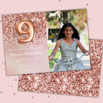 Photo Rose Gold Kids Girl 9th Birthday Party Invitation by WittyPrintables at Zazzle