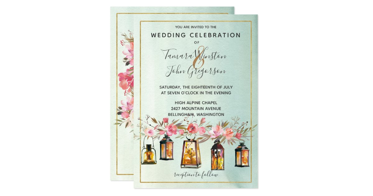 Photo Rose Gold Lanterns Watercolor Floral Wedding Invitation Zazzle Com