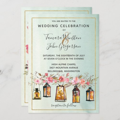 Photo Rose Gold Lanterns Watercolor Floral Wedding Invitation