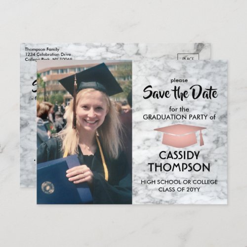 Photo Rose Gold  Marble Graduation Save the Date Postcard