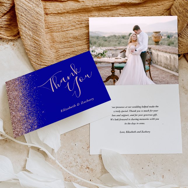 Photo Rose Gold Royal Blue Wedding Thank You Card (Creator Uploaded)